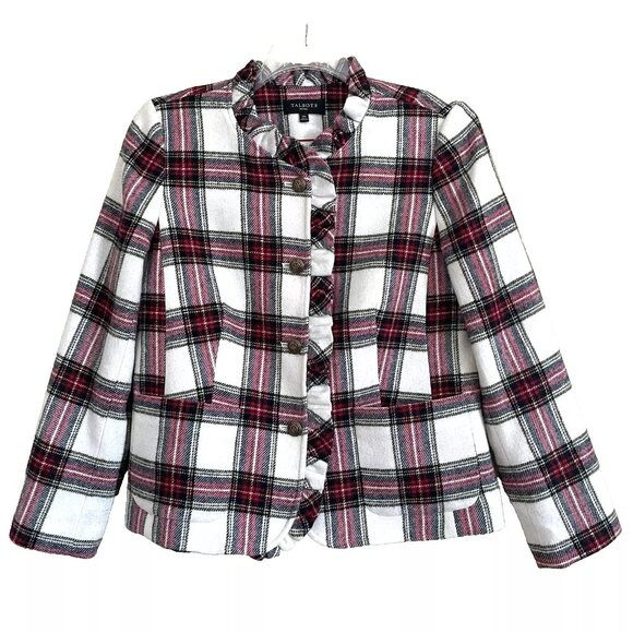 Talbots Tartan Plaid Shetland Wool Jacket Blazer 14 Petite Ruffle Peplum Back - Picture 2 of 11